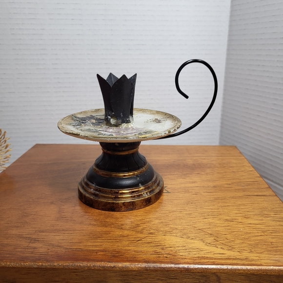 Vintage Pair of Porcelian and Metal Hand Painted Floral Candle Holders - Picture 13 of 17